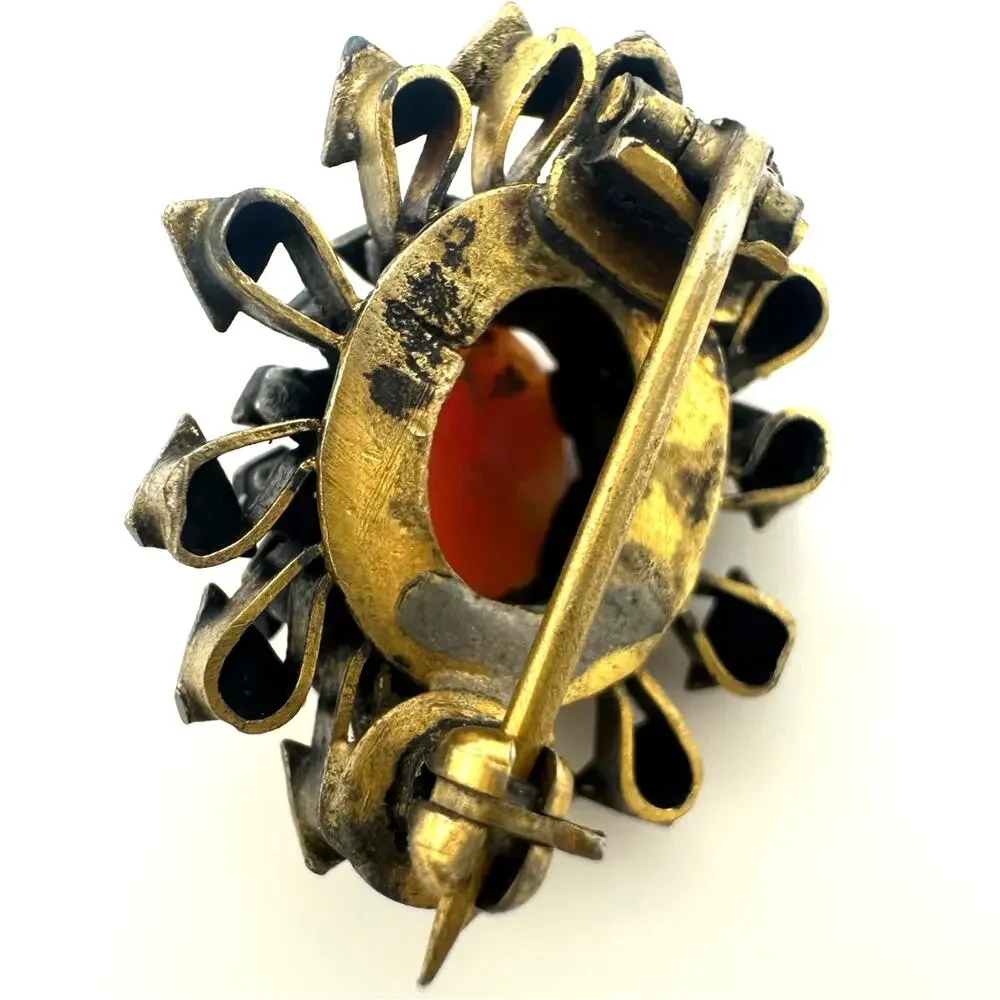 Antique Victorian 1800s gold filled carved red coral cameo dainty tiny brooch